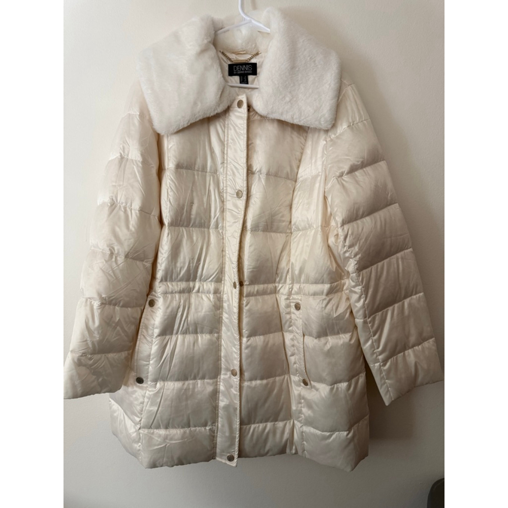 Women's Dennis Basso Cream Puffer Jacket with Faux Fur Collar 1X